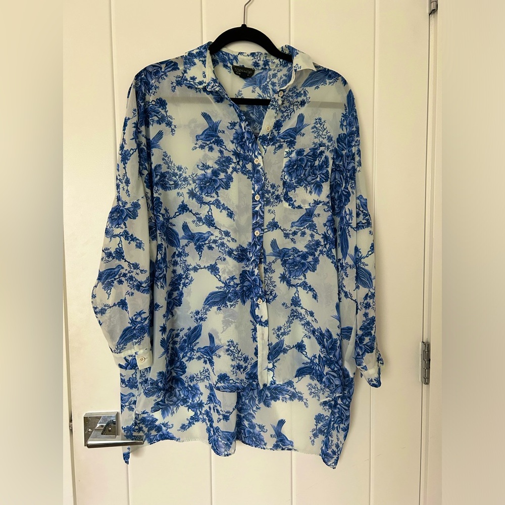 TOPSHOP flowy blue and white blouse